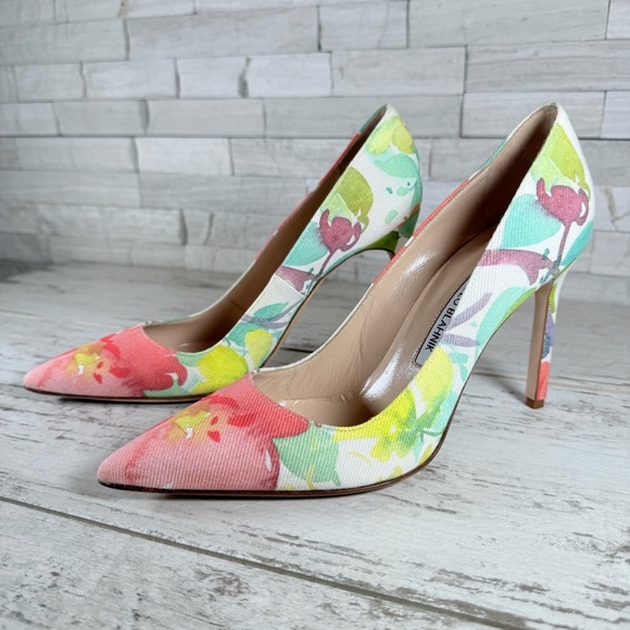 MANOLO BLAHNIK 105 Fabric BB Acuarela Watercolor Floral Print Pumps Size 38.5 - Picture 15 of 16